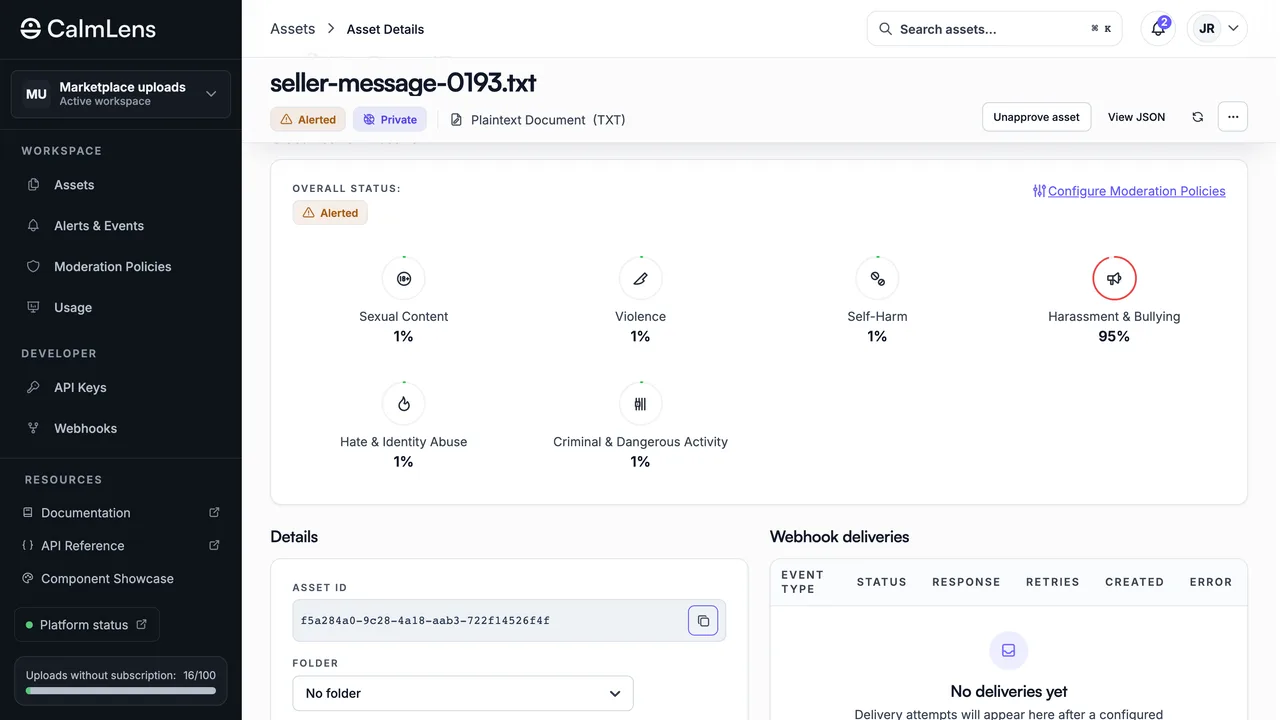 A text asset in the CalmLens portal with a score for each of the six moderation categories, scoring 95% for harassment and bullying