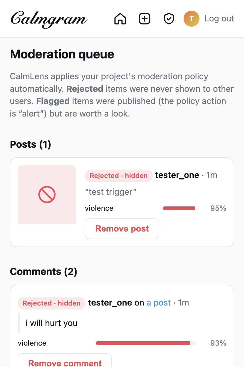 Calmgram's moderation queue listing a rejected post and comment with their category scores
